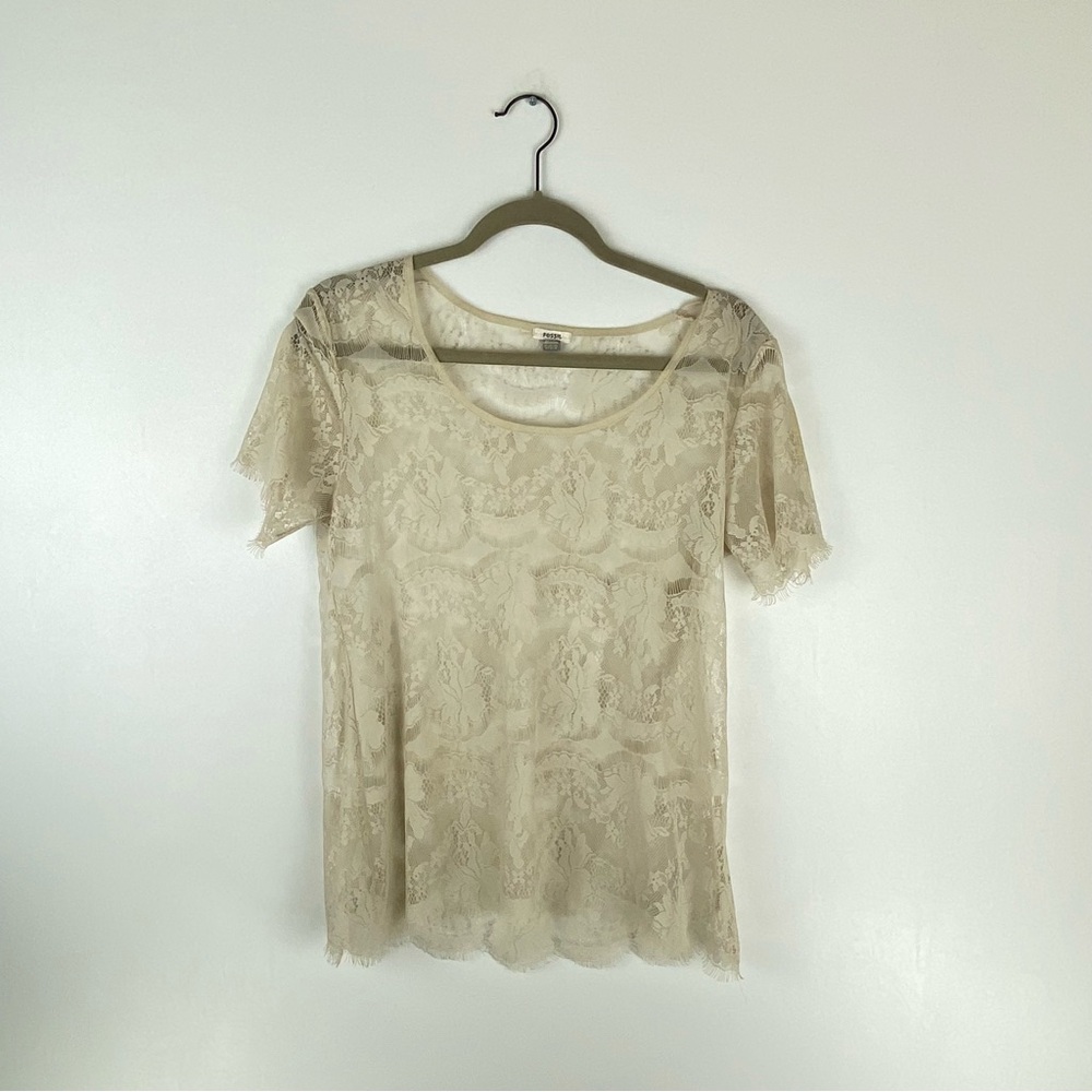 Fossil Womens Size X Small Lace Sheer Blouse Short Sleeve Top Floral Beige